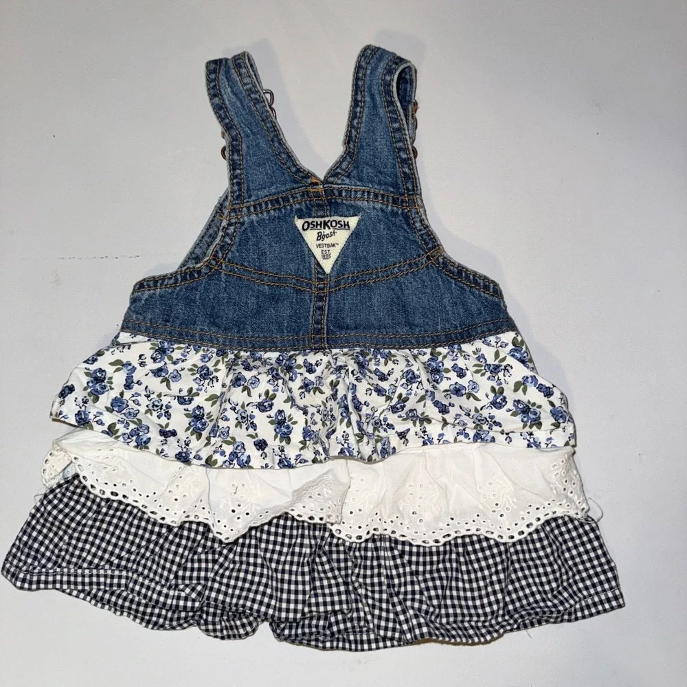 OshKosh B'gosh Dress Baby Girl 9M Blue Denim Floral Gingham Ruffle Vestbak